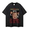 Camiseta Americana Retro de Manga Corta para Hombre y Mujer Lavada Vieja Suelta Cuello Redondo Estampada con Póster de Película Marca de Moda