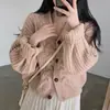Cárdigan de punto holgado con cuello en V y mangas abullonadas para mujer, estilo coreano chic, sencillo y holgado, con estampado de cáñamo, para otoño
