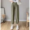 Pantalones bombachos de algodón y lino para mujer, verano, holgados, cintura alta, drapeados, de lino, hasta el tobillo, casuales, finos, tipo rábano, pantalones harén