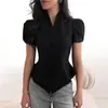 Moda Femenina Transfronteriza Europea y Americana Comercio Exterior Estilo Francés Nuevo Diseño Nicho Botonada Cintura Ceñida Irregular Camisa Top de Manga Corta