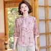 Blusa de gasa estilo chino nuevo para mamá, ropa holgada estampada para mujer de mediana edad y anciana, blusa de manga media que cubre el vientre para mujer