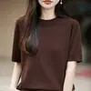 Tricô de Gola Redonda de Fio de Algodão Suave Francês para Início de Outono Feminino Manga de Cinco Pontos Solto Emagrecedor Manga Curta Suéter Camada de Base