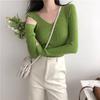 7702 # Fio Cardado # Foto Oficial Outono Nova Blusa de Tricô Básica para Mulheres com Efeito Emagrecedor Cor Lisa Gola V Manga Longa