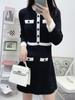 Vestido de Tricô Feminino Transfronteiriço Outono e Inverno Novo Estilo Francês Elegante Estilo Pequeno Chanel Cor Contrastante Preto e Branco Gola Redonda Manga Longa Cintura Alta