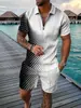 Estación Independiente de Ropa Masculina Europea y Americana Transfronteriza Impresión Digital 3D Casual Color de Contraste Polo Cremallera Cuello Camisa Traje de Manga Corta