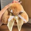 Fofo Real Pelo de Coelho Rex Laço Pérola Coelho Chaveiro de Carro Pingente Boneca de Pelúcia Mochila Pingente