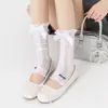 Meias Finas de Ballet Estilo Slouch com Laço JK Renda Japonesa Brancas para Pernas de Meia-Canela Primavera e Verão Femininas