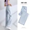 Jeans fino de verão feminino 2026 novo popular estilo quente justo reto seda gelada perna larga calça preta versátil
