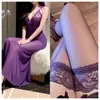 Vestido largo sexy de malla transparente ajustado para mujeres jóvenes, lencería sexy de tirantes largos, camisón con escote en V profundo