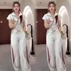 Conjunto de Ropa a la Moda para Mujer, Estilo Coreano, Estilo Deportivo Casual de Gama Alta, Conjunto de Dos Piezas de Pantalones Anchos de Manga Corta a Rayas, Moderno