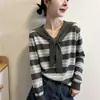 Nuevo Top de Punto Casual Raya Fina con Cuello Chal Falso de Dos Piezas Azul Marino Suéter de Manga Larga Adelgazante A14637