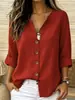 Ropa Femenina Transfronteriza Europea y Americana Cuello en V Color Sólido Algodón Lino Camisa Femenina Holgada Casual Cárdigan de un Solo Botón Top Manga Larga Versátil