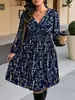 Ropa para Mujer de Tallas Grandes con Cuello en V, Mangas Largas Abullonadas, Cintura Fruncida, Falda Corta de Volantes, Estilo Europeo y Americano, Vestido Floral Vintage para Mujeres Curvilíneas