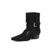 Botas de media caña con hebilla de doble uso, gamuza de vaca, tacón grueso de 4.5 cm, botas de cuero estilo coreano, nuevas botas vaqueras de color liso con punta cuadrada