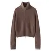 Cardigan de Cashmere 100% Puro com Zíper Duplo e Manga Longa Jaqueta Curta Feminina Suéter com Lapela Solto Casual Roupa de Fora Top Espesso
