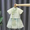 Saia de Cavalo Estilo Verão Fino para Meninas, Hanfu Melhorado Tradicional Chinês Infantil, Conjunto de Terno Tang Estilo Chinês Novo de Verão da Moda para Meninas
