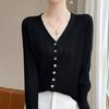 Suéter de manga larga calado para mujer, nueva moda 2024, cuello en V, botonadura sencilla, chaqueta cárdigan fina de lana peinada