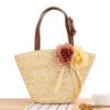 Dropshipping Nova Bolsa Pastoral de Vime com Duas Flores e Grama Cor Sólida Moderna de Ombro Feita à Mão Palha de Trigo Tecida Bolsa de Praia para Mulheres
