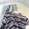 Camiseta Gruesa Cepillada de Finales de Otoño para Mujer, Capa Base para Otoño e Invierno, Se Puede Usar por Fuera, Top Holgado Perezoso con Rayas