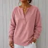 2026 Nova Camiseta Casual de Veludo com Gola V e Botão Único de Manga Longa, Cor Sólida, Feminina, Europeia e Americana, Outono/Inverno