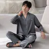 Pijama de Seda Helada para Hombre de Primavera y Otoño, Cárdigan Delgado de Seda de Manga Larga Fresco de Verano, Ropa de Casa Rayada de Alta Gama