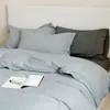 Juego de Cuatro Piezas de Algodón Lavado con Rayas Simples para Cama Funda de Edredón de Algodón Sábana Bajera Ropa de Cama para Dormitorio Funda de Cama Individual Juego de Tres Piezas