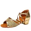 Sapatos de dança latina transfronteiriços com strass, saltos médio-altos, solas de couro camurça de vaca, sapatos de dança latina profissionais de ouro para comércio