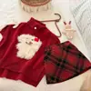 Nueva colección otoño/invierno 2026 para niñas estilo coreano: lindo chaleco capa asimétrico rojo con tema de perro y falda de cuadros rojos