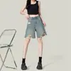 Nuevos Shorts de Mezclilla Azules Rasgados Vintage de Tallas Grandes para Mujer, Verano Petite de Cintura Alta Rectos Sueltos de Longitud Media