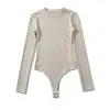 Novedad de Otoño Estilo Europeo Americano Chica Atrevida Ajuste Delgado Cuello Redondo Manga Larga Body Elástico Acanalado Color Sólido Base Cepillada Camiseta
