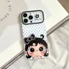 Funda para Teléfono iPhone17PROMAX con Lunares Blancos y Negros, Brillo 3D, Pedrería, Lazo, Cabello Rizado, Chica de Dibujos Animados, Espejo