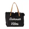 Bolsa Tote de Lona Tecida com Franjas e Letra Bordada Grande Capacidade Bolsa de Ombro Feminina 2026 Novo Estilo Casual para Viagem
