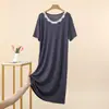 Nueva Camisón de Encaje Modal con Cuello Redondo de Manga Corta para Mujer Verano Delgado Holgado Sencillo