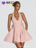 Vestido Exquisito de Estilo Europeo y Americano con Lentejuelas, Cuello Halter, Corte A y Elegante Decoración de Lazo Grande para Fiestas de Cumpleaños y Eventos de Sociedad
