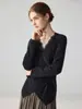 Suéter de tricô elegante 100% caxemira pura estilo francês para mulheres, gola V, com renda nas mangas compridas, design cruzado, top afunilador