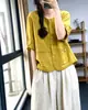 Camisa de Algodão com Fio Duplo de Manga Curta para Mulheres 2026 Verão Novo Estilo Retro Solta Gola Redonda Cor Lisa Cardigan Top