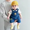 Conjunto de Macacão Jeans com Blusa Estrela para Bebê, Roupa de Verão Fina Estampada para Bebês, Roupas de Verão para Meninos de Um Ano