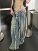 Calça jeans feminina estilo americano com design de rua, estilo high street, com borlas e ferrugem, nova, retrô, desconstruída, com costura, perna larga, 2024