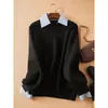Suéter preto de tricô patchwork estiloso novo para outono/inverno, com cores contrastantes, apresentando um design falso de duas peças e gola de camisa, top de tricô de manga longa