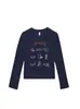 Camiseta de mujer azul marino, cuello redondo, hombros normales, manga larga, nuevo estilo primavera y otoño, con estampado único de casa, corte ajustado, top versátil para mujer