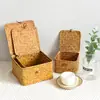 Cesta de Almacenamiento Tejida de Paja con Tapa, Caja de Regalo Tejida para Boda, Caja de Regalo para Acompañantes, Caja de Regalo de Ratán, Cesta de Almacenamiento para Boda