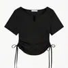 Elegante Camiseta de Manga Corta Ajustada con Escote en V y Cordón, Color Sólido, Tendencia Verano 2026, Puro Deseo