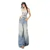 Calça Jeans Wide Leg, Simples e Versátil, Estilo Vintage Lavado, Cobre o Quadril, Emagrecimento, Adequada para o Dia a Dia, Fashion e Tendência, com Senso de Design, Estilo Americano
