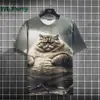 Camiseta com Estampa 3D de Gato Gordo Fofo Moda Verão Manga Curta Streetwear Tendência Casual Solta