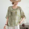 Camisa Bordada Estampada de Ráfia Estilo Clássico para Mulheres, Blusa Pulôver Solta com Mangas Três Quartos, Top de Verão Estilo Artístico Nacional