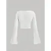 Atacado de Fábrica Outono Inverno Gola Quadrada com Renda Cropped Manga Longa Camiseta Feminina Manga Sino Recorte Emagrecedor Ajustado Top