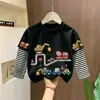 Camiseta de manga comprida 100% algodão para meninos, coleção primavera e outono 2026, novo estilo, gola redonda, roupas infantis, top com visual em camadas para bebê menino, camiseta de baixo