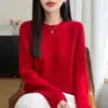 Suéter de lana minimalista sin costuras de cuello redondo para mujer, tejido de siete agujas engrosado, corte holgado, adelgazante, tejido de punto de color liso, cálido suéter de capa base