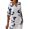 Comércio Exterior Europa e Estados Unidos Cruzamento de Fronteiras Algodão Linho Solto Estampado Suéter Vestido Midi Retrô Vestido Elegante Vestido Feminino