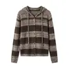 Cárdigan de Punto con Capucha a Rayas Retro para Mujer, Suéter Abrigo Holgado de Bloques de Color, Estilo Perezoso Casual, Abrigo de Otoño
